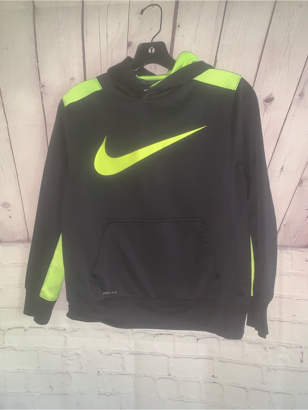 Nike Black and Neon Green Athletic Hoodie